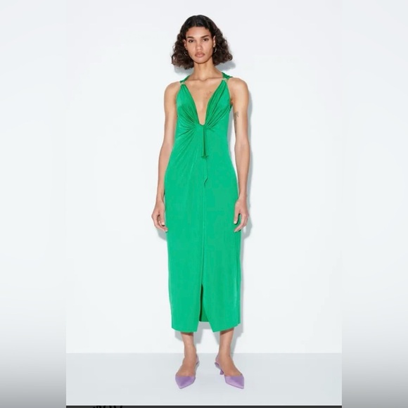 NEW ZARA WOMAN DRESS WITH KNOT AND BEAD DETAIL GREEN SIZE S - Picture 2 of 4